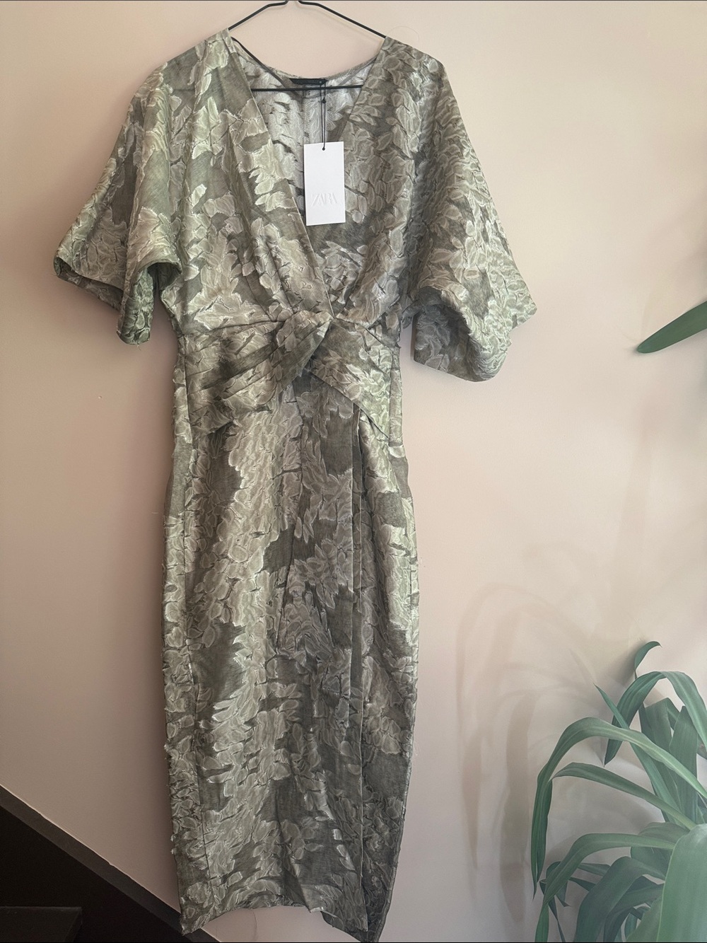 NWT Zara Olive Green Floral Midi Dress with Twist Front